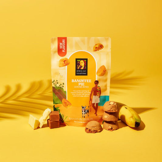 Byron Bay Cookies Banoffee Pie 100g pouch – banana, caramel fudge and white choc cookie bites.