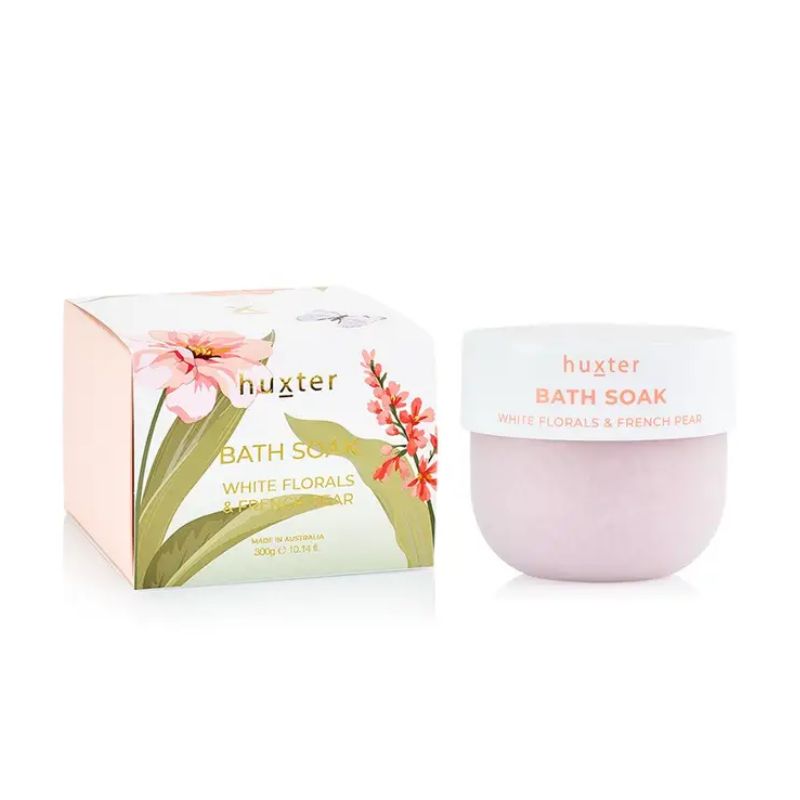Huxt er White Florals & French Pear Bath Soak 300g in blush jar with floral botanical packaging, Australian made luxury bath salts.