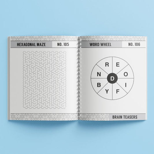 Brain Teasers puzzle book with blue geometric cover featuring 250 brain teaser puzzles