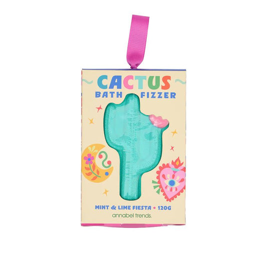 Cactus-shaped mint and lime bath fizzer with pink heart detail, 120g — refreshing, fun bath bomb for a rejuvenating soak.