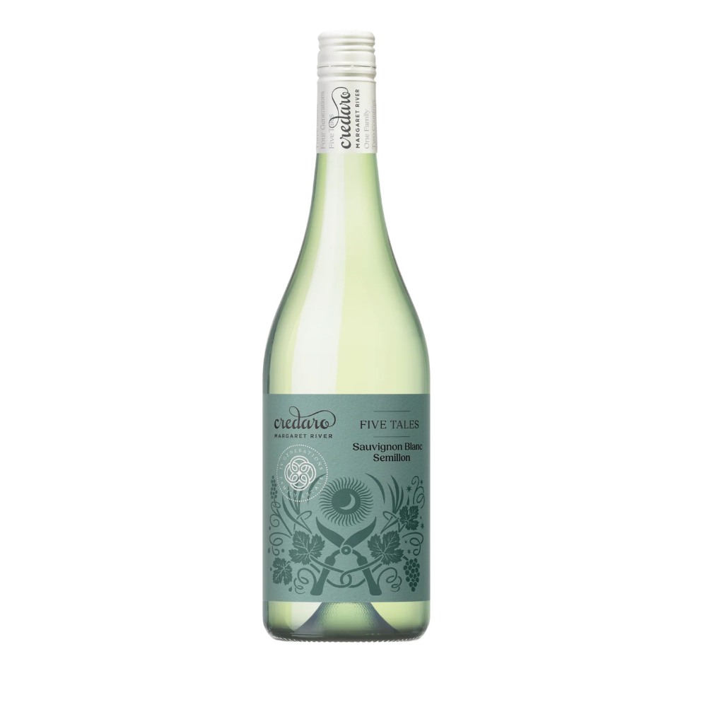 Bottle of Credaro Five Tales 2025 Sauvignon Blanc Semillon from Margaret River with a sage green illustrated label and white screw cap
