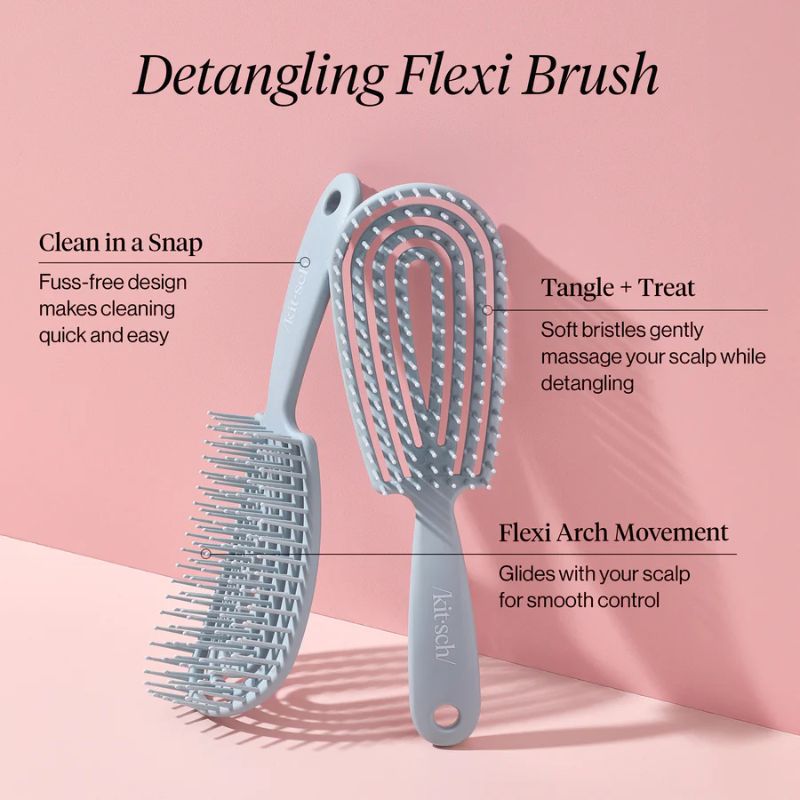 Detangling flexi hair brush with flexible arch design and soft bristles, shown open and closed on a pink background, designed for gentle scalp massage and easy knot removal.