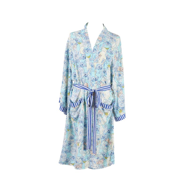 The Hello Cockie Kimono — a floral cotton robe with striped details, made for relaxed mornings and elegant evenings.