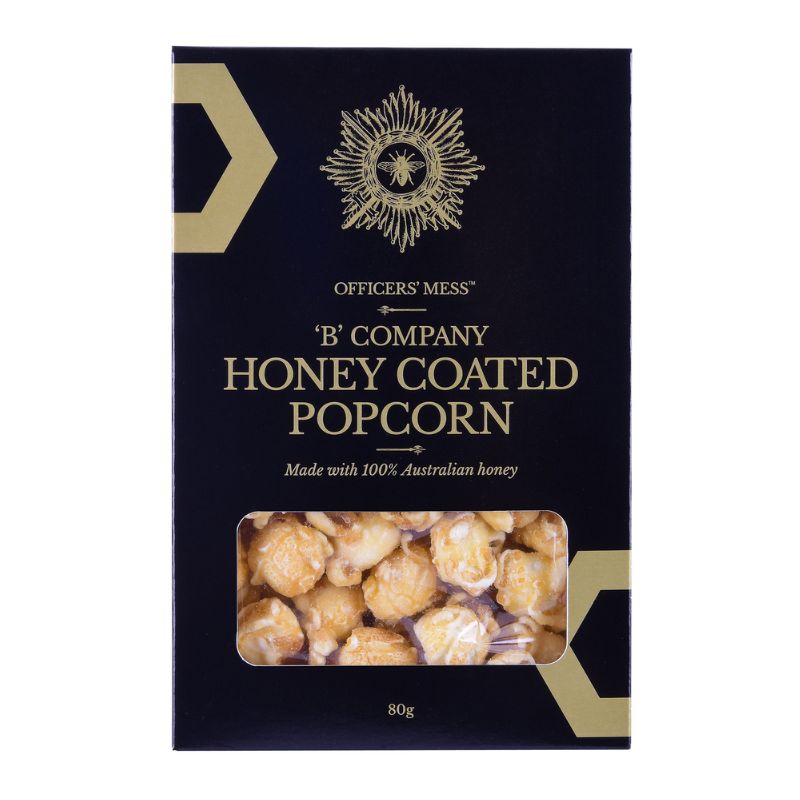Officers' Mess 'B' Company Honey Coated Popcorn 80g box in navy and gold packaging, with a window showing the honey coated popcorn inside, made with 100% Australian honey.