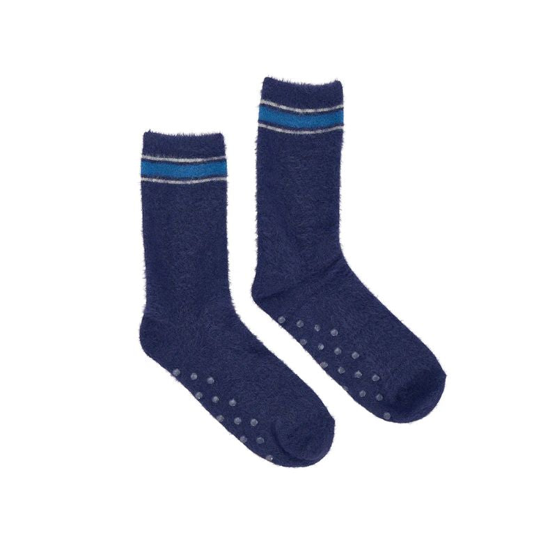 Men wearing navy blue lounge socks with non-slip grip soles for indoor comfort and warmth