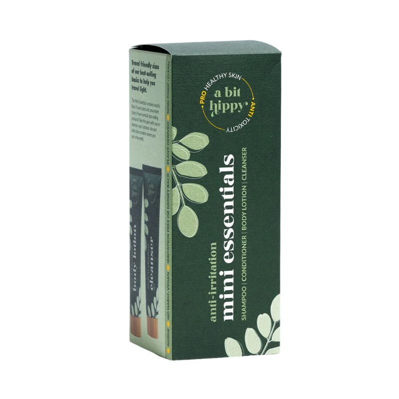 A Bit Hippy Mini Essentials travel set with shampoo, conditioner, cleanser, and body lotion