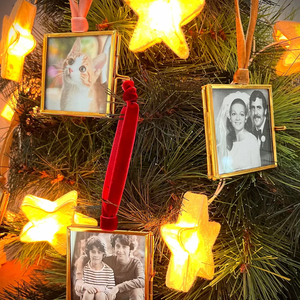 Mini frame Christmas tree ornament with ribbon for hanging.