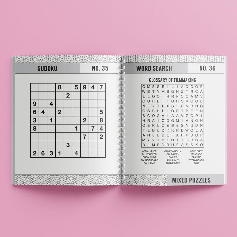 Mixed Puzzles puzzle book with purple geometric cover featuring 250 brain-teasing puzzles