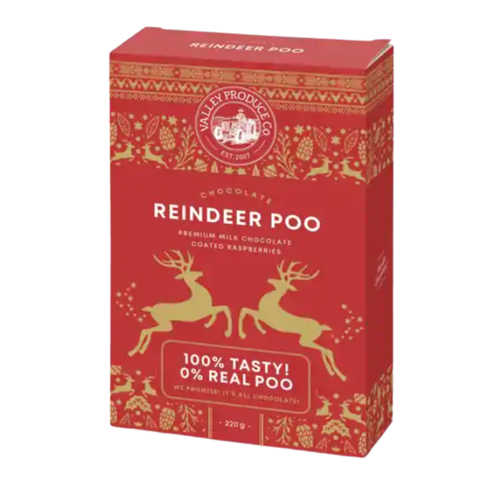 Valley Produce Co. Reindeer Poo 220g in a red Christmas gift box with gold leaping reindeer, containing milk chocolate coated raspberries