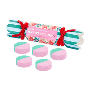 Annabel Trends Festive Shower Steamers Peppermint Kiss 5 pack in Christmas cracker gift box with pink and green steamers