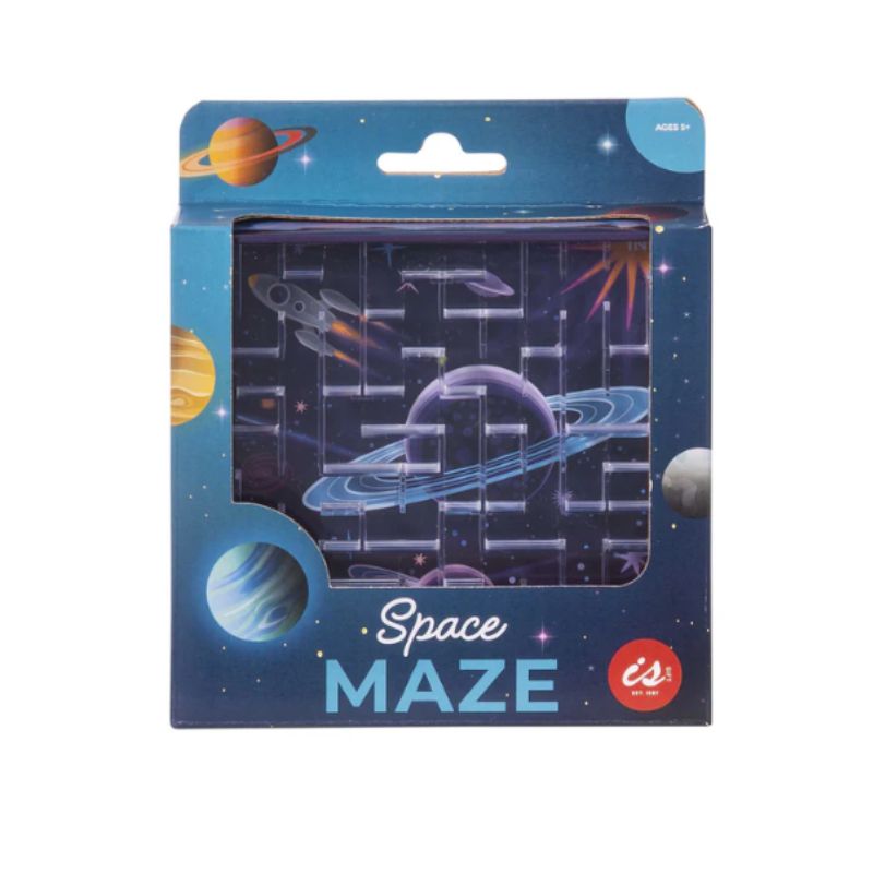 Interactive handheld maze game with a vibrant space theme.