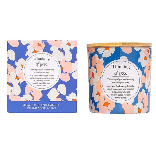 Thinking of You soy candle with floral blue and blush design, champagne scented, sympathy gift candle with comforting message