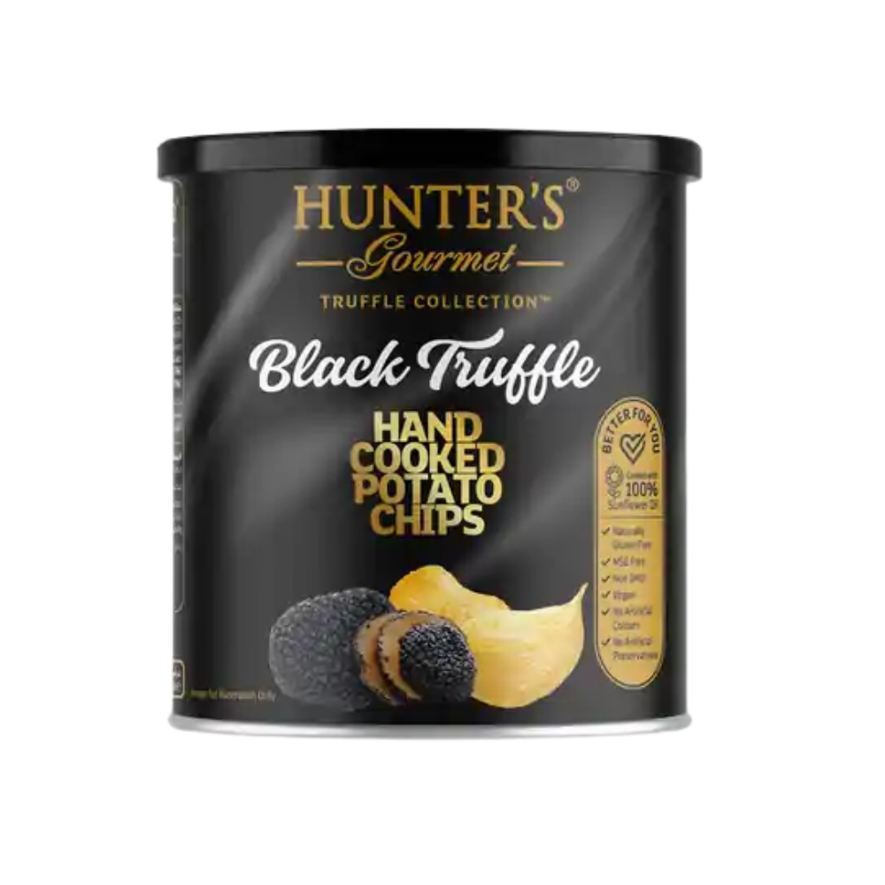 Hunter's Gourmet black truffle hand cooked potato chips in a 40g black and gold canister, with black truffles and golden chips pictured on the front