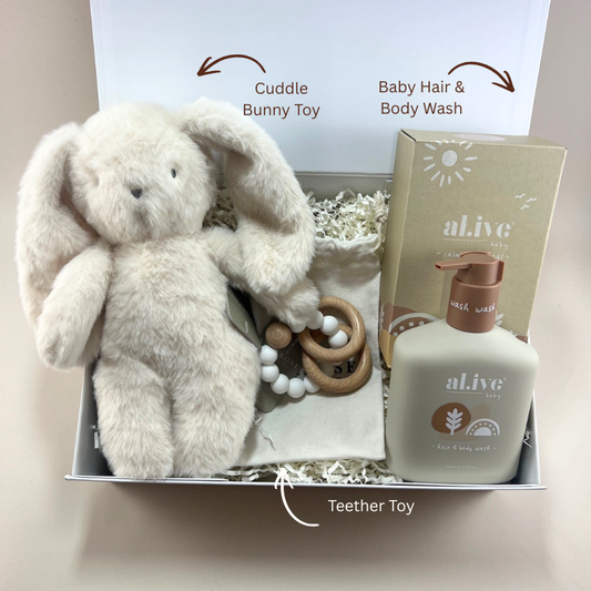 New Baby Joy Gift Box with Alimrose cuddly bunny soft toy, Alimrose teether toy and Al.ive Baby gentle hair and body wash in a white gift box