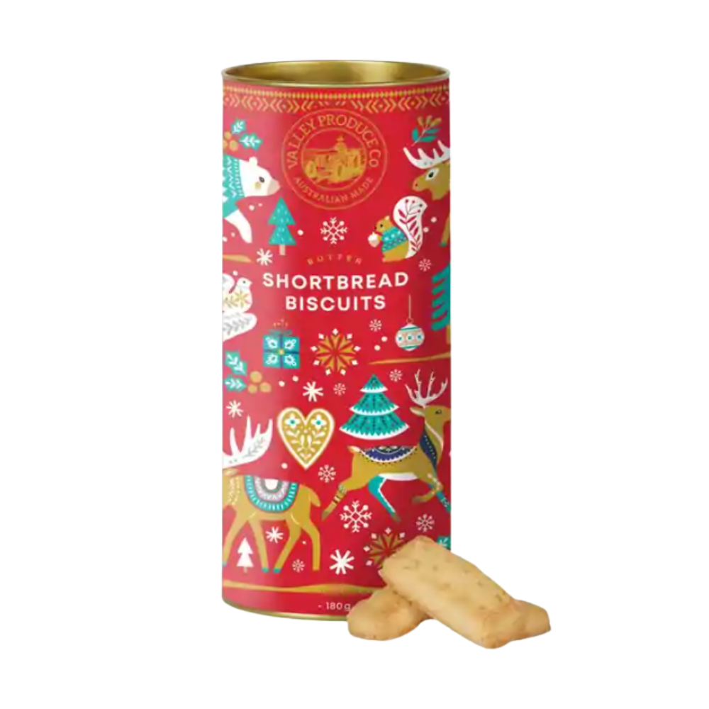 Valley Produce Co. butter shortbread biscuits 180g in a red Christmas gift tube with Nordic-style reindeer, Christmas tree and snowflake illustrations, with two shortbread fingers in front