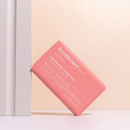 Cleansing rosewater + pink clay soap bar 200gm. Freshwater Farm.