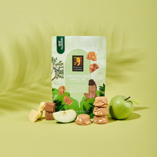 Byron Bay Cookies Caramelised Apple Pie 100g pouch – cinnamon, caramel fudge and apple cookie bites.