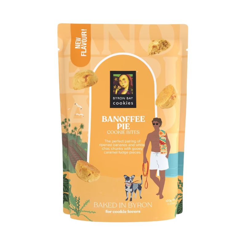 Byron Bay Cookies Banoffee Pie 100g pouch – banana, caramel fudge and white choc cookie bites.