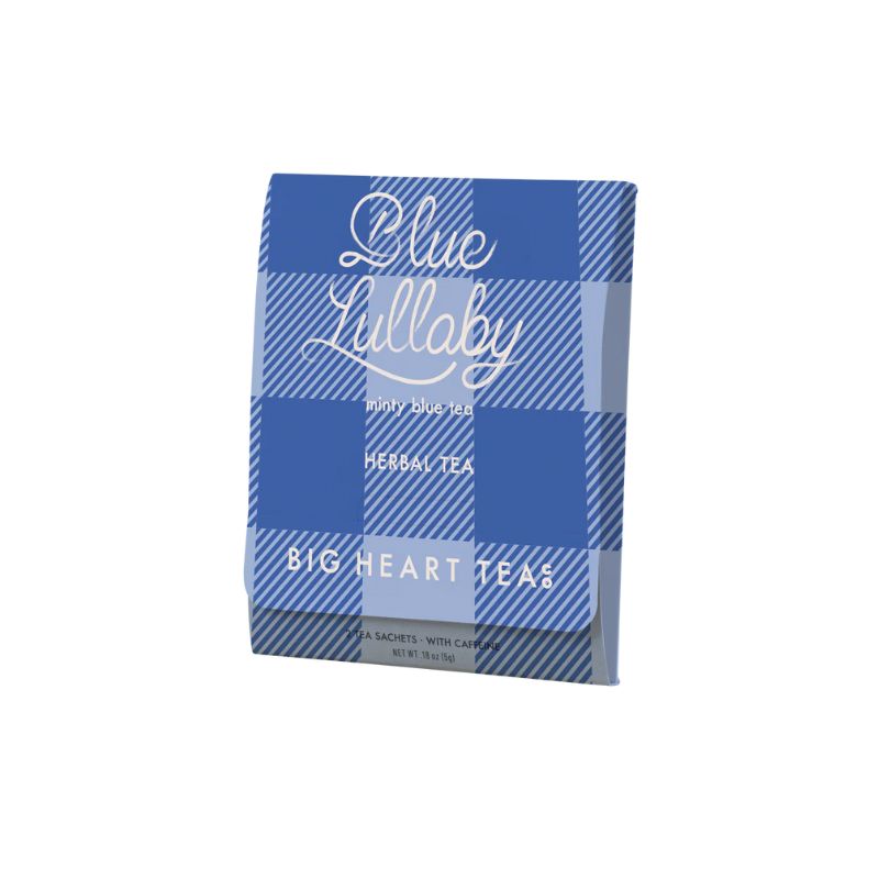 Blue Lullaby minty blue herbal tea box by Big Heart Tea Co with blue checkered packaging
