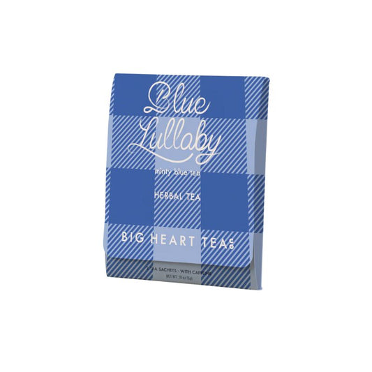 Blue Lullaby minty blue herbal tea box by Big Heart Tea Co with blue checkered packaging