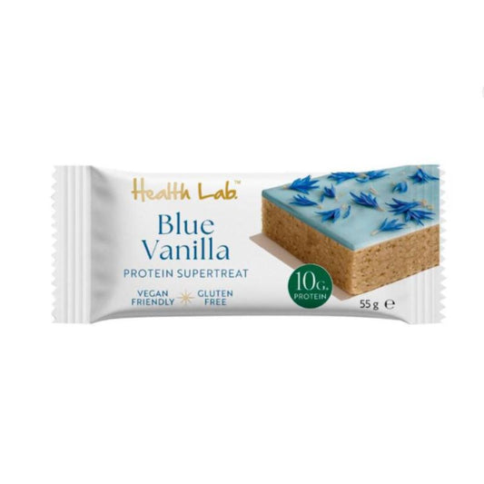 Health Lab Blue Vanilla Protein Supertreat bar with vanilla base and blue spirulina frosting, vegan and gluten free, 10g protein snack.