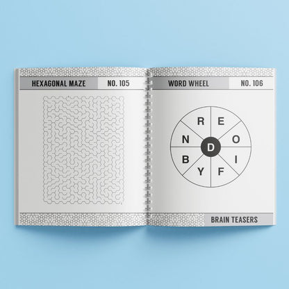 Brain Teasers puzzle book with blue geometric cover featuring 250 brain teaser puzzles