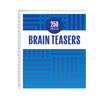 Brain Teasers puzzle book with blue geometric cover featuring 250 brain teaser puzzles