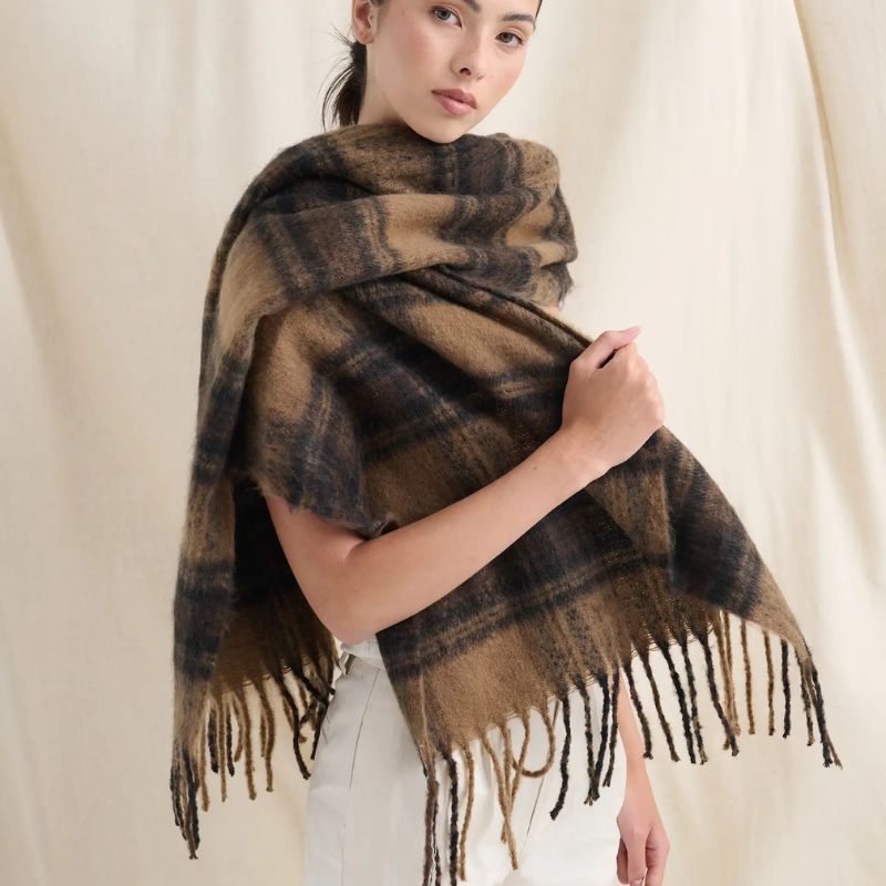 Oversized warm brown tartan scarf