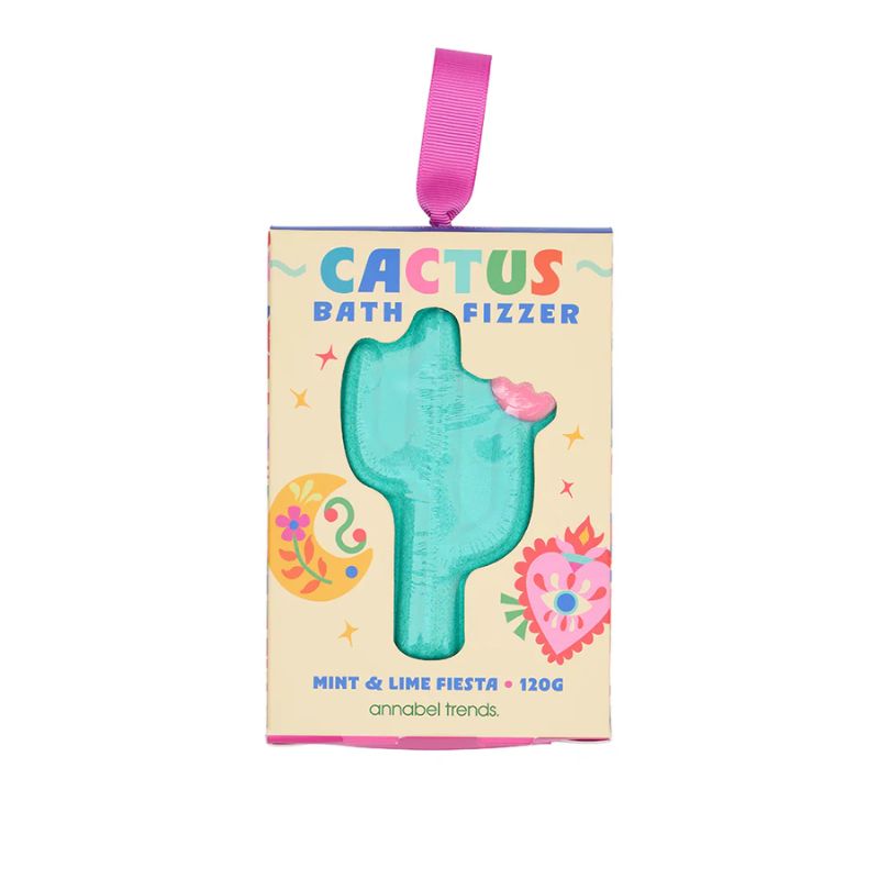 Cactus-shaped mint and lime bath fizzer with pink heart detail, 120g — refreshing, fun bath bomb for a rejuvenating soak.