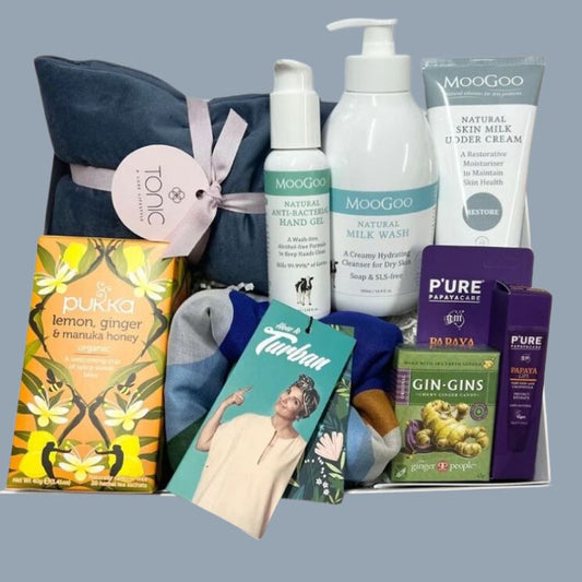 Cancer & Chemotherapy Care Ultimate, MooGoo Skincare, antibacterial Hand Gel, Papaya Lip balm, GinGins, Ginger Tea and Heat Pillow & slippers or head scarf