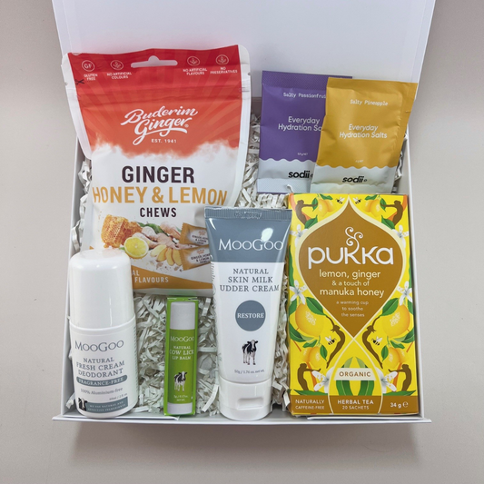 Cancer Care Mini Gift Box with MooGoo skincare, Pukka digestive tea, Buderim ginger chews and Sodii hydration salts