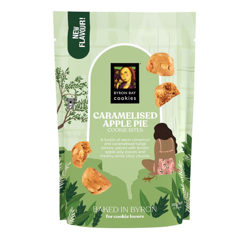 Byron Bay Cookies Caramelised Apple Pie 100g pouch – cinnamon, caramel fudge and apple cookie bites.