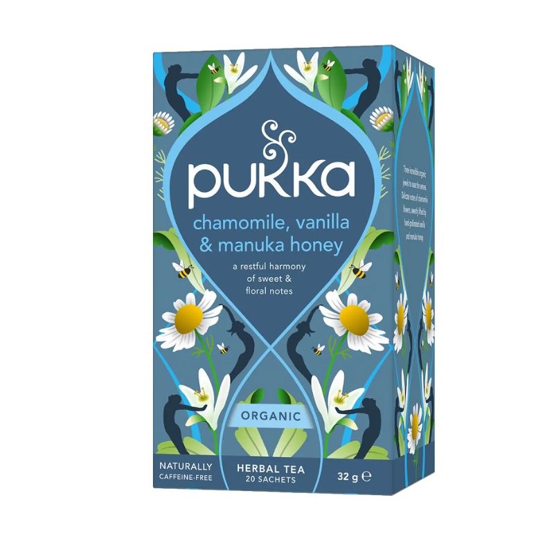 Pukka Chamomile, Vanilla & Manuka Honey organic herbal tea box with chamomile flowers and botanical design