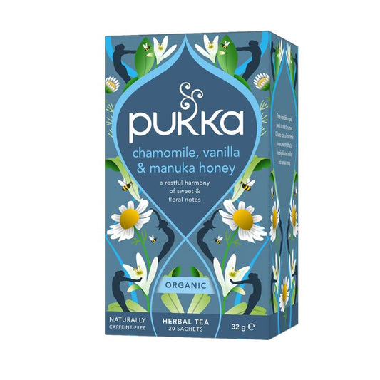 Pukka Chamomile, Vanilla & Manuka Honey organic herbal tea box with chamomile flowers and botanical design
