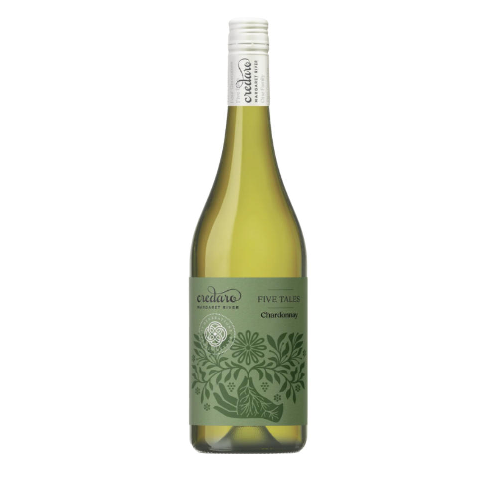 Bottle of Credaro Five Tales 2025 Chardonnay from Margaret River with an olive green illustrated label and white screw cap