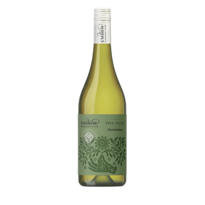 Bottle of Credaro Five Tales 2025 Chardonnay from Margaret River with an olive green illustrated label and white screw cap