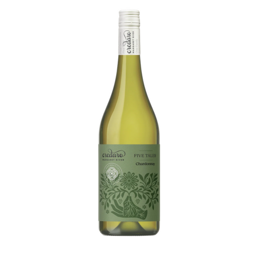Bottle of Credaro Five Tales 2025 Chardonnay from Margaret River with an olive green illustrated label and white screw cap