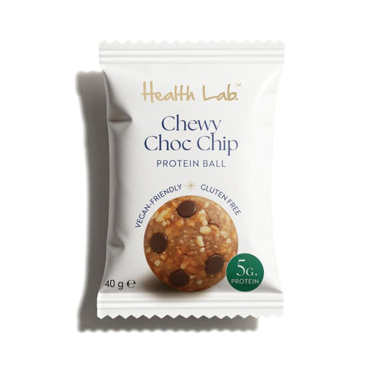 Health Lab Chewy Choc Chip protein ball in white packaging showing chocolate chips, vegan-friendly, gluten free, 5g protein snack.