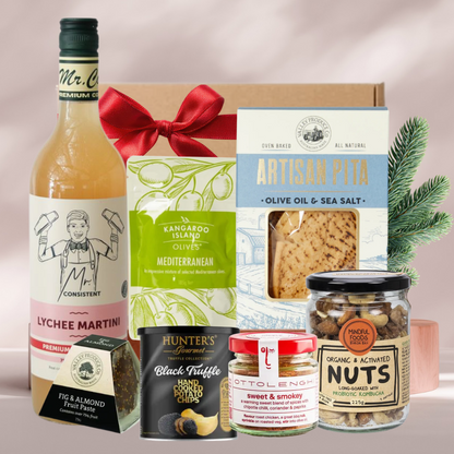 Summer Aperitivo Christmas gift box with Mr Consistent lychee martini mixer, olives, artisan pita, truffle crisps, nuts and fig paste