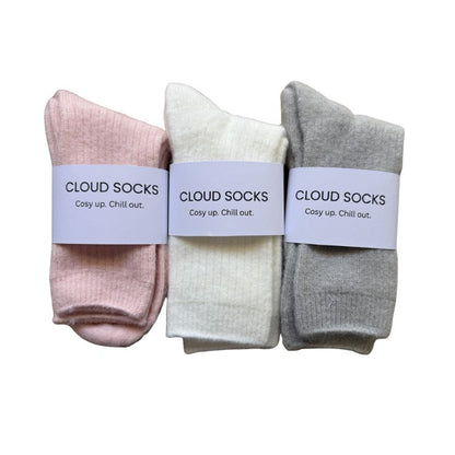 Soft cloud socks set in pink, white and grey colours designed for cosy comfort and everyday wear