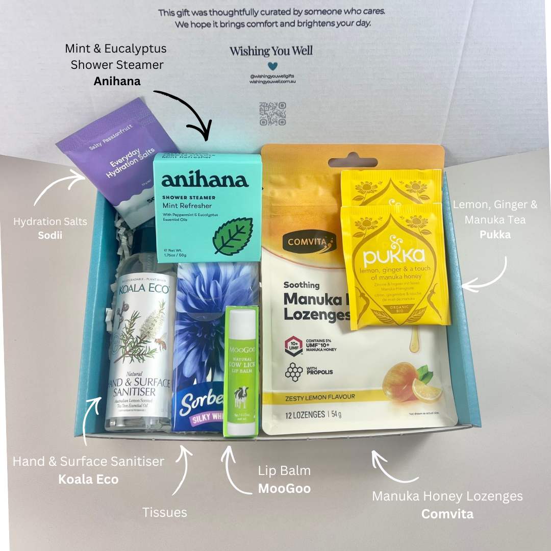 The Cold & Flu Gift Box with Anihana shower steamer, Comvita Manuka honey lozenges, Pukka lemon ginger tea, Sodii hydration salts, Koala Eco hand spray and MooGoo lip balm