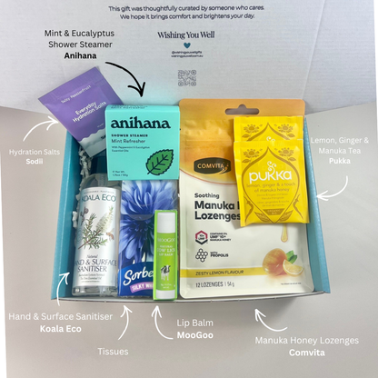 The Cold & Flu Gift Box with Anihana shower steamer, Comvita Manuka honey lozenges, Pukka lemon ginger tea, Sodii hydration salts, Koala Eco hand spray and MooGoo lip balm