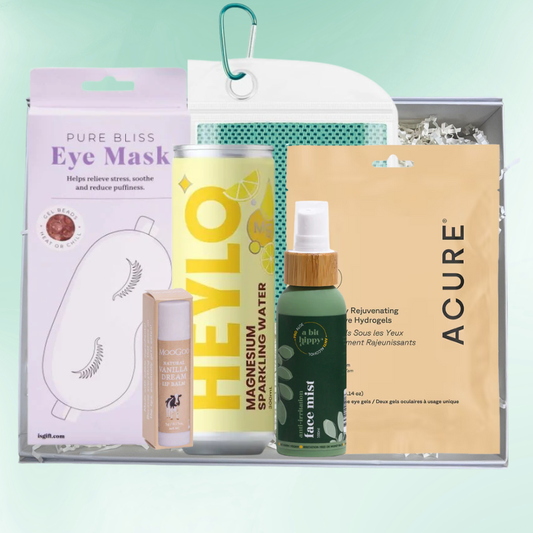 REFRESH Care Pack with face mist, ice towel, lip balm, cooling eye mask, and magnesium water for warm-weather recovery