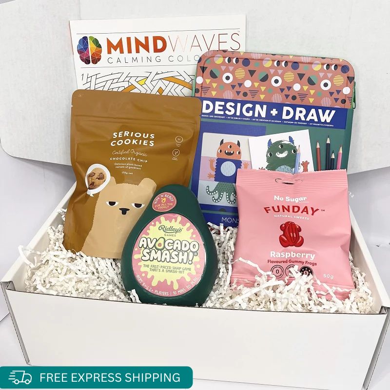 A Gift for the Creative kids feeling unwell or needing a pick me up! Including Organic serious choc chip cookies, No Sugar FUNDAY Gummy frogs, Design+ Draw Monsters Case, Calming Color-in book, Family Fun Avocado Smash (Snap) or Peach Snaps from Ridleys Games all wrapped and packaged by Wishing You Well