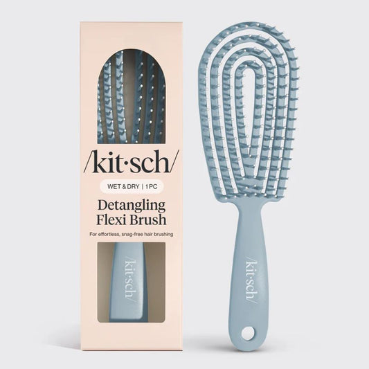 Detangling flexi hair brush with flexible arch design and soft bristles, shown open and closed on a pink background, designed for gentle scalp massage and easy knot removal.