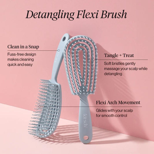 Detangling flexi hair brush with flexible arch design and soft bristles, shown open and closed on a pink background, designed for gentle scalp massage and easy knot removal.
