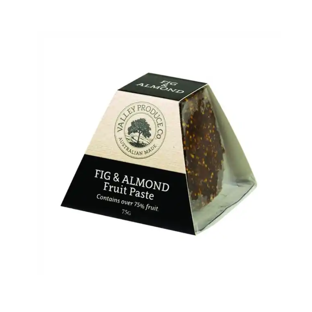 Valley Produce Co. fig and almond fruit paste 75g in a pyramid-shaped pack with a black and cream label and a clear window showing the dark fig paste