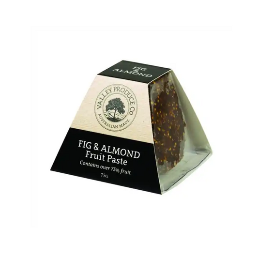 Valley Produce Co. fig and almond fruit paste 75g in a pyramid-shaped pack with a black and cream label and a clear window showing the dark fig paste