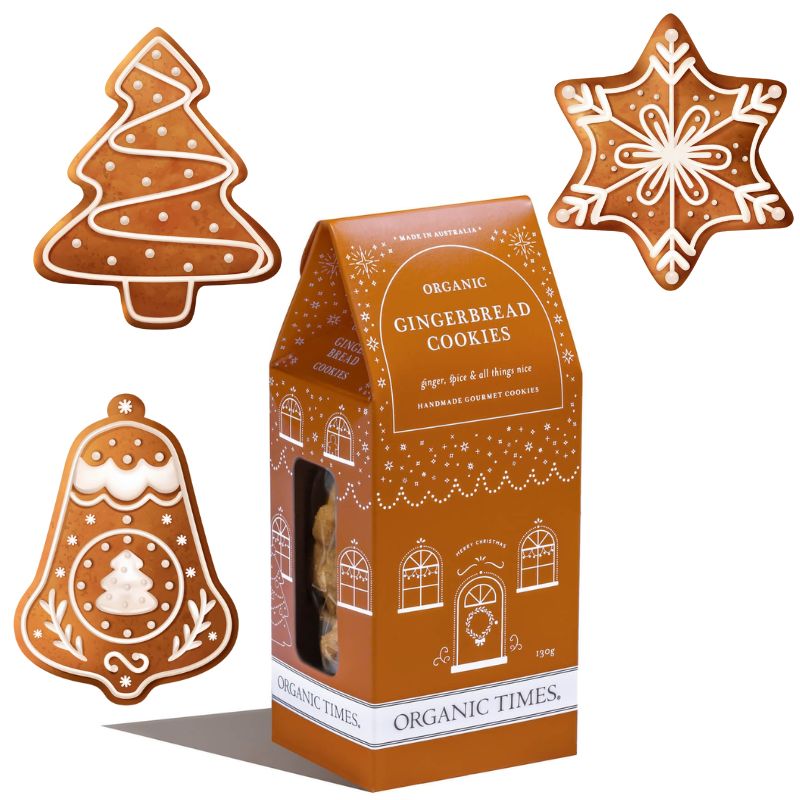 Organic Times Gingerbread Cookies in festive shapes – star, tree and bell – in a Christmas-themed box, handmade with organic ingredients.