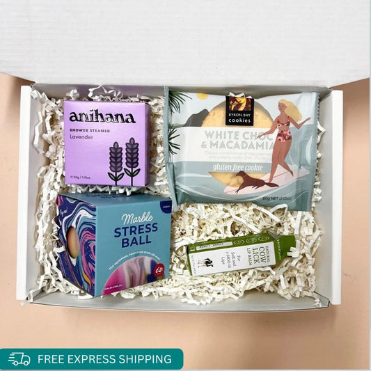 Good luck with exams gift box. Help reduce the stress of your student friend. Includes lavender shower steamer, cookie, lip balm and stress ball.